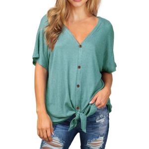 imageIWOLLENCE Womens Waffle Knit Tunic Blouse Tie Knot Short Sleeve Henley Tops Loose Fitting Bat Wing ShirtsCblue Green