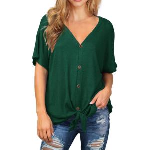imageIWOLLENCE Womens Waffle Knit Tunic Blouse Tie Knot Short Sleeve Henley Tops Loose Fitting Bat Wing ShirtsCdark Green