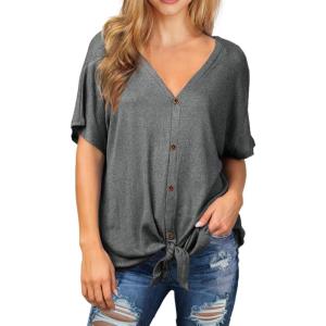imageIWOLLENCE Womens Waffle Knit Tunic Blouse Tie Knot Short Sleeve Henley Tops Loose Fitting Bat Wing ShirtsCdark Grey