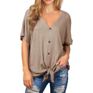 imageIWOLLENCE Womens Waffle Knit Tunic Blouse Tie Knot Short Sleeve Henley Tops Loose Fitting Bat Wing ShirtsCkhaki