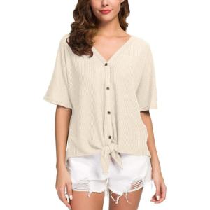 imageIWOLLENCE Womens Waffle Knit Tunic Blouse Tie Knot Short Sleeve Henley Tops Loose Fitting Bat Wing ShirtsCoatmeal