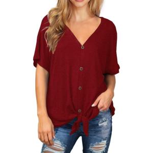 imageIWOLLENCE Womens Waffle Knit Tunic Blouse Tie Knot Short Sleeve Henley Tops Loose Fitting Bat Wing ShirtsCred