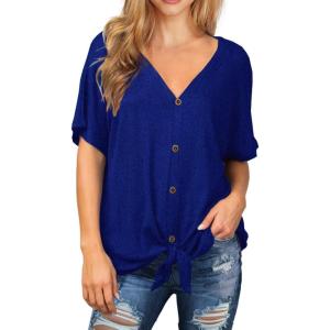 imageIWOLLENCE Womens Waffle Knit Tunic Blouse Tie Knot Short Sleeve Henley Tops Loose Fitting Bat Wing ShirtsCroyal Blue