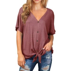 imageIWOLLENCE Womens Waffle Knit Tunic Blouse Tie Knot Short Sleeve Henley Tops Loose Fitting Bat Wing ShirtsCrust Red
