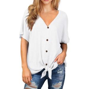 imageIWOLLENCE Womens Waffle Knit Tunic Blouse Tie Knot Short Sleeve Henley Tops Loose Fitting Bat Wing ShirtsCwhite