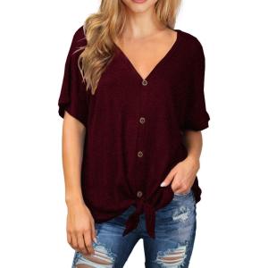 imageIWOLLENCE Womens Waffle Knit Tunic Blouse Tie Knot Short Sleeve Henley Tops Loose Fitting Bat Wing ShirtsCwine Red