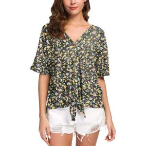 imageIWOLLENCE Womens Waffle Knit Tunic Blouse Tie Knot Short Sleeve Henley Tops Loose Fitting Bat Wing ShirtsFpblack Yellow Floral