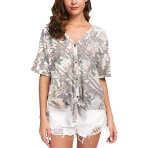 imageIWOLLENCE Womens Waffle Knit Tunic Blouse Tie Knot Short Sleeve Henley Tops Loose Fitting Bat Wing ShirtsFpcamo Bough
