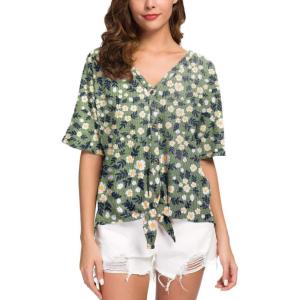imageIWOLLENCE Womens Waffle Knit Tunic Blouse Tie Knot Short Sleeve Henley Tops Loose Fitting Bat Wing ShirtsFpgreen Sunflower