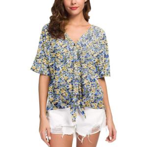 imageIWOLLENCE Womens Waffle Knit Tunic Blouse Tie Knot Short Sleeve Henley Tops Loose Fitting Bat Wing ShirtsFpyellow White Floral