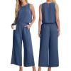imageIWOLLENCE Womens Summer 2 Piece Outfits Set Round neck Sleeveless Tank Crop Top Wide Leg pants Set Pockets JumpsuitsA02 Dark Blue