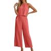 imageIWOLLENCE Womens Summer 2 Piece Outfits Set Round neck Sleeveless Tank Crop Top Wide Leg pants Set Pockets JumpsuitsA06 Coral Red