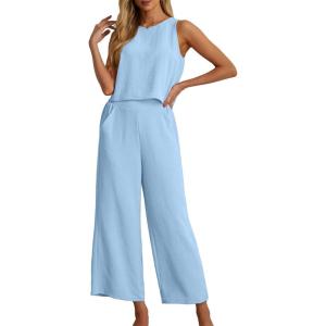 imageIWOLLENCE Womens Summer 2 Piece Outfits Set Round neck Sleeveless Tank Crop Top Wide Leg pants Set Pockets JumpsuitsA04 Light Blue