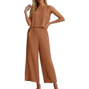 imageIWOLLENCE Womens Summer 2 Piece Outfits Set Round neck Sleeveless Tank Crop Top Wide Leg pants Set Pockets JumpsuitsA05 Brown