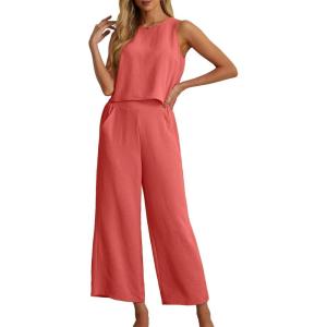 imageIWOLLENCE Womens Summer 2 Piece Outfits Set Round neck Sleeveless Tank Crop Top Wide Leg pants Set Pockets JumpsuitsA06 Coral Red