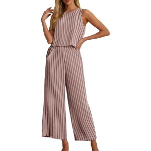 imageIWOLLENCE Womens Summer 2 Piece Outfits Set Round neck Sleeveless Tank Crop Top Wide Leg pants Set Pockets JumpsuitsC01 Gray Pink Stripe