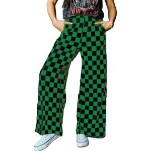 imageIWOLLENCE Womens Casual Loose Checkered Wide Leg Pants High Waist Straight Lounge Y2K Gingham Trousers SummerCdblack Green