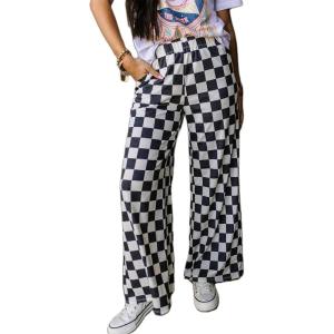 imageIWOLLENCE Womens Casual Loose Checkered Wide Leg Pants High Waist Straight Lounge Y2K Gingham Trousers SummerCdblack White