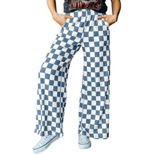 imageIWOLLENCE Womens Casual Loose Checkered Wide Leg Pants High Waist Straight Lounge Y2K Gingham Trousers SummerCdnavy White