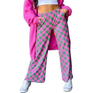 imageIWOLLENCE Womens Casual Loose Checkered Wide Leg Pants High Waist Straight Lounge Y2K Gingham Trousers SummerCdpink Green