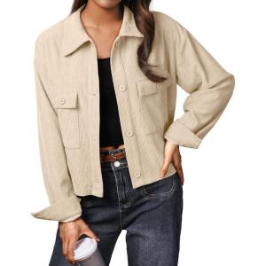 imageIWOLLENCE Womens Cropped Shacket Jacket Fashion Button Down Corduroy Shacket Jackets Casual Crop Shirts Fall Coat TopsH02 Apricot