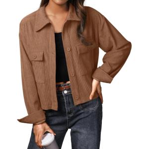 imageIWOLLENCE Womens Cropped Shacket Jacket Fashion Button Down Corduroy Shacket Jackets Casual Crop Shirts Fall Coat TopsH03 Brown
