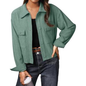 imageIWOLLENCE Womens Cropped Shacket Jacket Fashion Button Down Corduroy Shacket Jackets Casual Crop Shirts Fall Coat TopsH04 Green