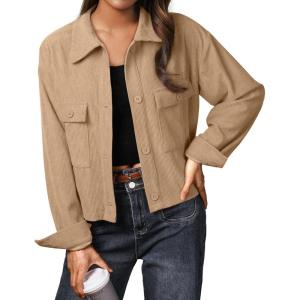 imageIWOLLENCE Womens Cropped Shacket Jacket Fashion Button Down Corduroy Shacket Jackets Casual Crop Shirts Fall Coat TopsH05 Khaki