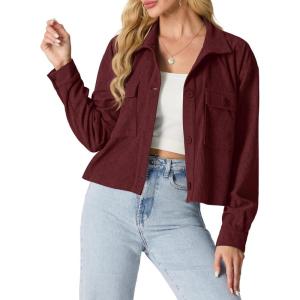imageIWOLLENCE Womens Cropped Shacket Jacket Fashion Button Down Corduroy Shacket Jackets Casual Crop Shirts Fall Coat TopsH06 Wine Red