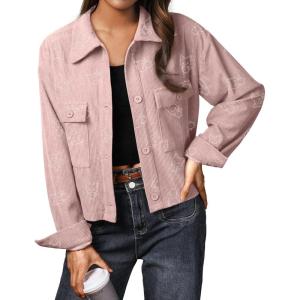imageIWOLLENCE Womens Cropped Shacket Jacket Fashion Button Down Corduroy Shacket Jackets Casual Crop Shirts Fall Coat TopsI02 Light Pink Cat