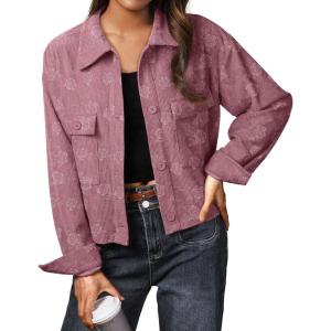 imageIWOLLENCE Womens Cropped Shacket Jacket Fashion Button Down Corduroy Shacket Jackets Casual Crop Shirts Fall Coat TopsI03 Deep Pink Rose