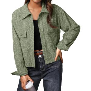 imageIWOLLENCE Womens Cropped Shacket Jacket Fashion Button Down Corduroy Shacket Jackets Casual Crop Shirts Fall Coat TopsI04 Army Green Cloud