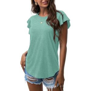 imageIWOLLENCE Ruffle Short Sleeve Top Waffle Knit Tunic Casual Blouse Round Neck Shirts Summer Tank Tops for Women