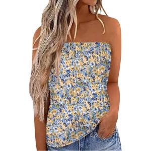 imageIWOLLENCE Womens Tube Tops Casual Summer Backless Strapless Top Sleeveless Bandeau Tanks ShirtFp Blue Yellow Floral