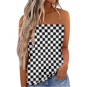 imageIWOLLENCE Womens Tube Tops Casual Summer Backless Strapless Top Sleeveless Bandeau Tanks ShirtPlaid Black White