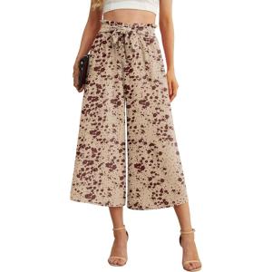 imageIWOLLENCE Women Flowy Loose Wide Leg Pant Summer Beach Casual Trousers high Waist Adjustable Knot Business Work Casual PantsApricot Floral