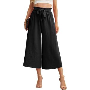 imageIWOLLENCE Women Flowy Loose Wide Leg Pant Summer Beach Casual Trousers high Waist Adjustable Knot Business Work Casual PantsBlack