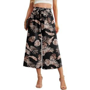 imageIWOLLENCE Women Flowy Loose Wide Leg Pant Summer Beach Casual Trousers high Waist Adjustable Knot Business Work Casual PantsBlack Palm Leaf
