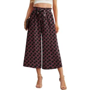 imageIWOLLENCE Women Flowy Loose Wide Leg Pant Summer Beach Casual Trousers high Waist Adjustable Knot Business Work Casual PantsBlack Red Grid