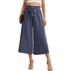 imageIWOLLENCE Women Flowy Loose Wide Leg Pant Summer Beach Casual Trousers high Waist Adjustable Knot Business Work Casual PantsBlue Dashed Line