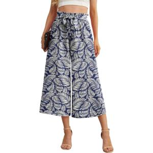 imageIWOLLENCE Women Flowy Loose Wide Leg Pant Summer Beach Casual Trousers high Waist Adjustable Knot Business Work Casual PantsDark Blue Palm Leaf