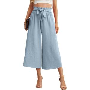imageIWOLLENCE Women Flowy Loose Wide Leg Pant Summer Beach Casual Trousers high Waist Adjustable Knot Business Work Casual PantsHaze Blue