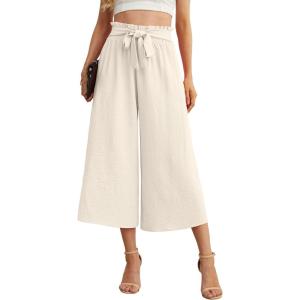 imageIWOLLENCE Women Flowy Loose Wide Leg Pant Summer Beach Casual Trousers high Waist Adjustable Knot Business Work Casual PantsIvory White