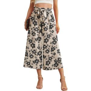 imageIWOLLENCE Women Flowy Loose Wide Leg Pant Summer Beach Casual Trousers high Waist Adjustable Knot Business Work Casual PantsKhaki Black Flower