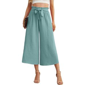imageIWOLLENCE Women Flowy Loose Wide Leg Pant Summer Beach Casual Trousers high Waist Adjustable Knot Business Work Casual PantsLake Blue