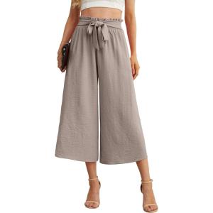 imageIWOLLENCE Women Flowy Loose Wide Leg Pant Summer Beach Casual Trousers high Waist Adjustable Knot Business Work Casual PantsLight Khaki