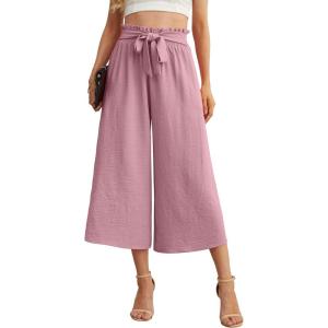imageIWOLLENCE Women Flowy Loose Wide Leg Pant Summer Beach Casual Trousers high Waist Adjustable Knot Business Work Casual PantsPink