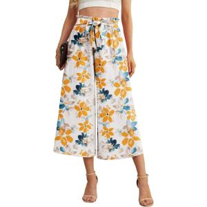 imageIWOLLENCE Women Flowy Loose Wide Leg Pant Summer Beach Casual Trousers high Waist Adjustable Knot Business Work Casual PantsWhite Ink Daffodil