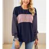imageIWOLLENCE Womens Casual Striped Long Sleeve Tops Crewneck Color Block Loose Drop Shoulder Shirt Blouse FallC Navy Blue Light Pink