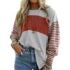 imageIWOLLENCE Womens Casual Striped Long Sleeve Tops Crewneck Color Block Loose Drop Shoulder Shirt Blouse FallC Light Grey Orange